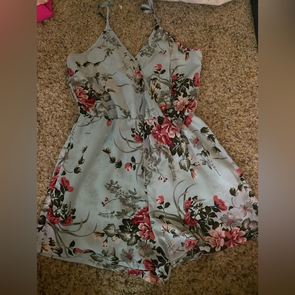 SHEIN Floral Wrap Mini Dress - Pink and Green